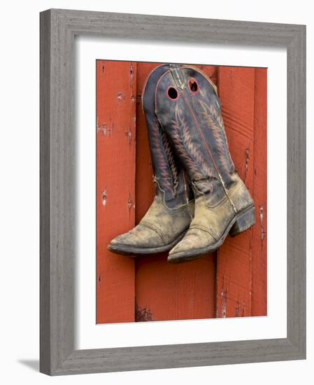 Worn Cowboy Boots Hanging, Ponderosa Ranch, Seneca, Oregon, USA-Wendy Kaveney-Framed Photographic Print