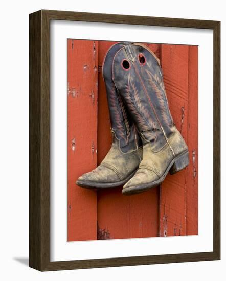 Worn Cowboy Boots Hanging, Ponderosa Ranch, Seneca, Oregon, USA-Wendy Kaveney-Framed Photographic Print