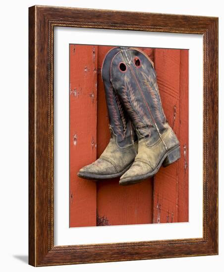 Worn Cowboy Boots Hanging, Ponderosa Ranch, Seneca, Oregon, USA-Wendy Kaveney-Framed Photographic Print