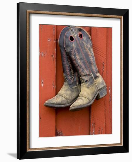 Worn Cowboy Boots Hanging, Ponderosa Ranch, Seneca, Oregon, USA-Wendy Kaveney-Framed Photographic Print