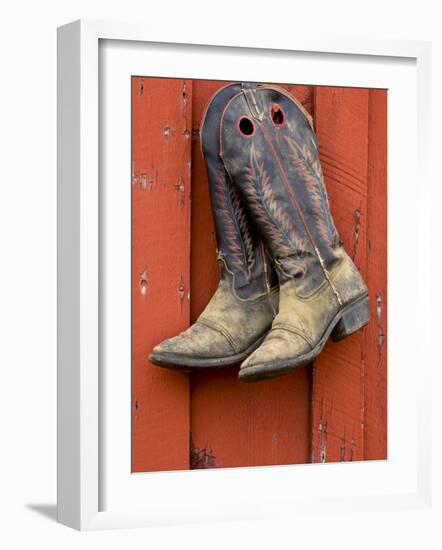 Worn Cowboy Boots Hanging, Ponderosa Ranch, Seneca, Oregon, USA-Wendy Kaveney-Framed Photographic Print