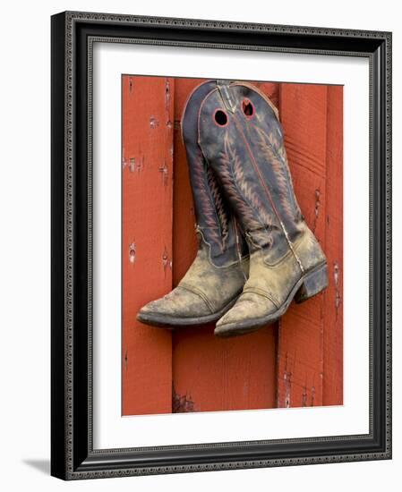 Worn Cowboy Boots Hanging, Ponderosa Ranch, Seneca, Oregon, USA-Wendy Kaveney-Framed Photographic Print