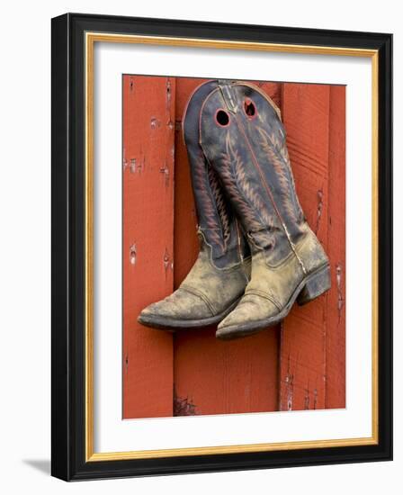 Worn Cowboy Boots Hanging, Ponderosa Ranch, Seneca, Oregon, USA-Wendy Kaveney-Framed Photographic Print