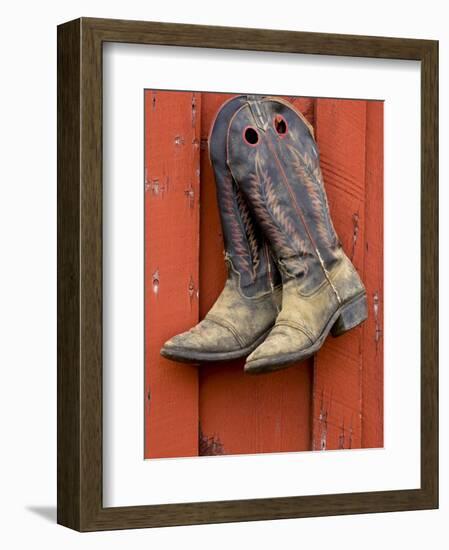 Worn Cowboy Boots Hanging, Ponderosa Ranch, Seneca, Oregon, USA-Wendy Kaveney-Framed Photographic Print