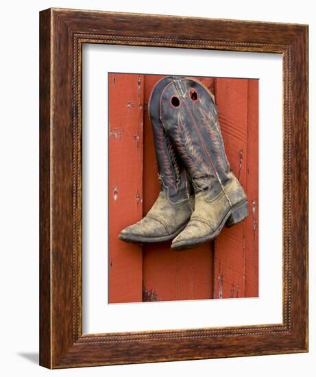 Worn Cowboy Boots Hanging, Ponderosa Ranch, Seneca, Oregon, USA-Wendy Kaveney-Framed Photographic Print