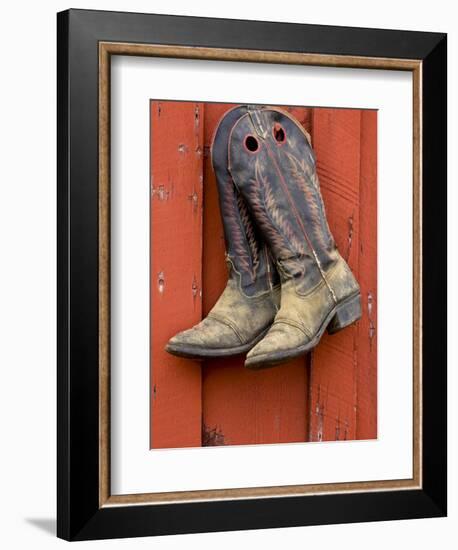 Worn Cowboy Boots Hanging, Ponderosa Ranch, Seneca, Oregon, USA-Wendy Kaveney-Framed Photographic Print