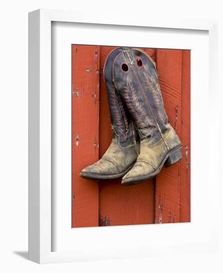 Worn Cowboy Boots Hanging, Ponderosa Ranch, Seneca, Oregon, USA-Wendy Kaveney-Framed Photographic Print