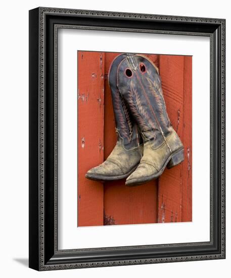 Worn Cowboy Boots Hanging, Ponderosa Ranch, Seneca, Oregon, USA-Wendy Kaveney-Framed Photographic Print