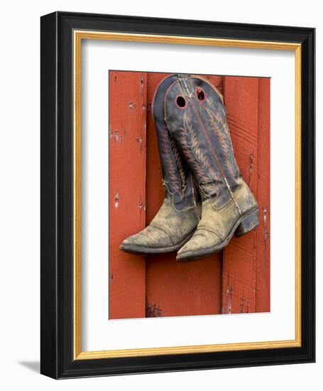Worn Cowboy Boots Hanging, Ponderosa Ranch, Seneca, Oregon, USA-Wendy Kaveney-Framed Photographic Print