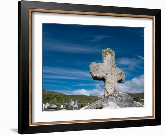 Worn stone cross adorns a grave in Kildavnet, Achill Island, County Mayo, Ireland.-Betty Sederquist-Framed Photographic Print