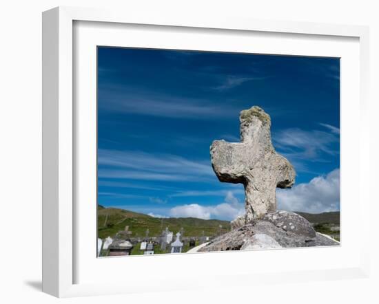 Worn stone cross adorns a grave in Kildavnet, Achill Island, County Mayo, Ireland.-Betty Sederquist-Framed Photographic Print