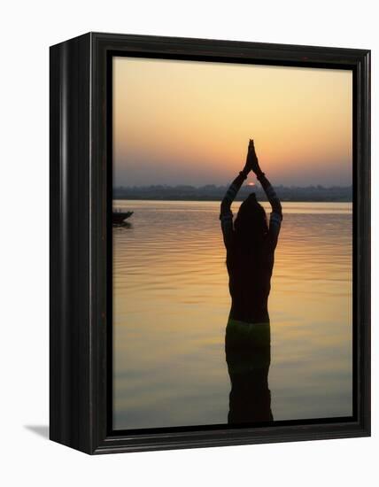 Worship Ceremony at Night by Ganges River, Varanasi, India-Keren Su-Framed Premier Image Canvas