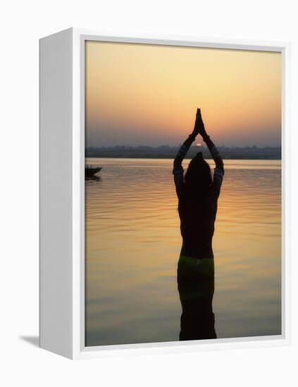 Worship Ceremony at Night by Ganges River, Varanasi, India-Keren Su-Framed Premier Image Canvas