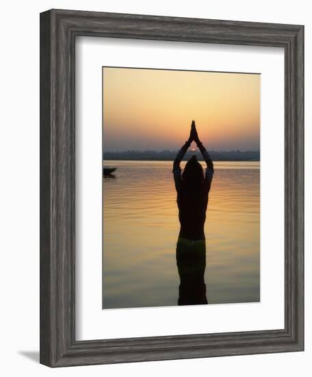 Worship Ceremony at Night by Ganges River, Varanasi, India-Keren Su-Framed Photographic Print