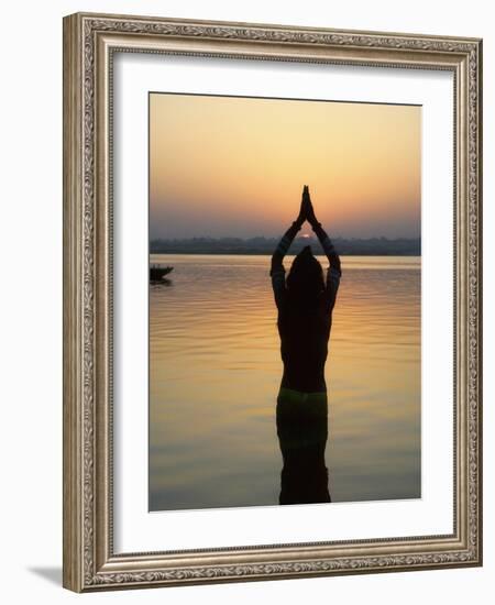 Worship Ceremony at Night by Ganges River, Varanasi, India-Keren Su-Framed Photographic Print