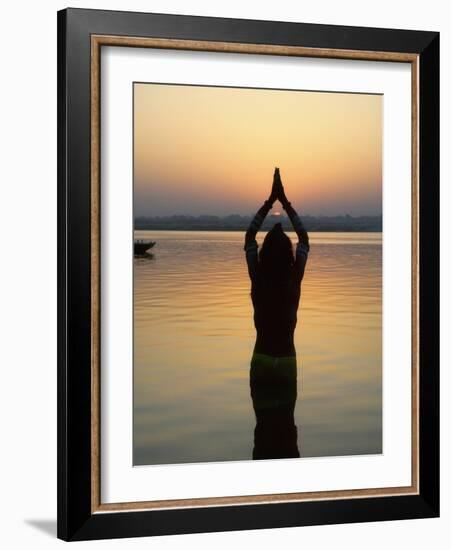 Worship Ceremony at Night by Ganges River, Varanasi, India-Keren Su-Framed Photographic Print