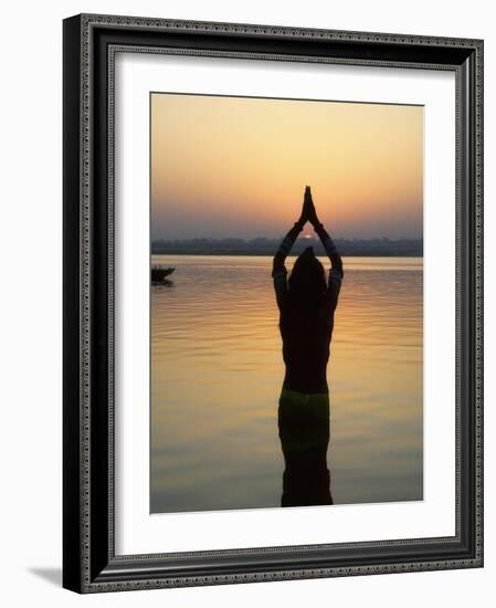 Worship Ceremony at Night by Ganges River, Varanasi, India-Keren Su-Framed Photographic Print