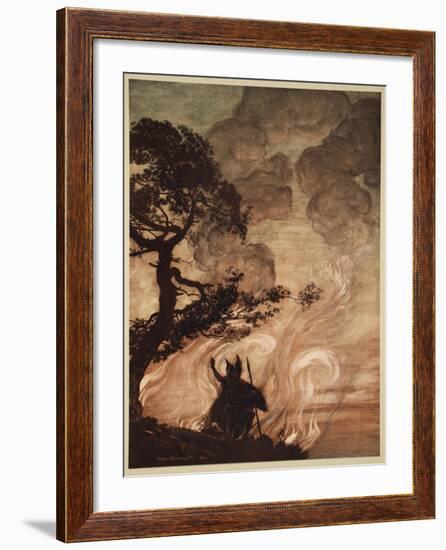 Wotan turns, looks sorrowfully back at Brunnhilde, illustration, 'The Rhinegold and the Valkyrie'-Arthur Rackham-Framed Giclee Print