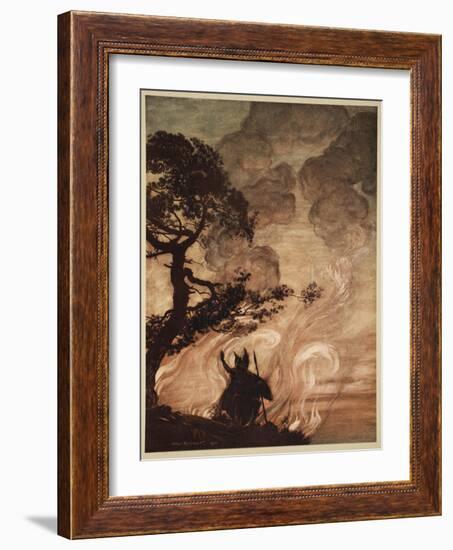 Wotan turns, looks sorrowfully back at Brunnhilde, illustration, 'The Rhinegold and the Valkyrie'-Arthur Rackham-Framed Premium Giclee Print