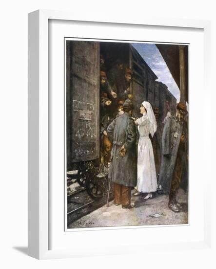 Wounded French Soldiers on an Ambulance Train are Tended by a Nurse During a Stop at a Station-Henri Gervex-Framed Art Print