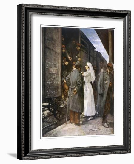 Wounded French Soldiers on an Ambulance Train are Tended by a Nurse During a Stop at a Station-Henri Gervex-Framed Art Print