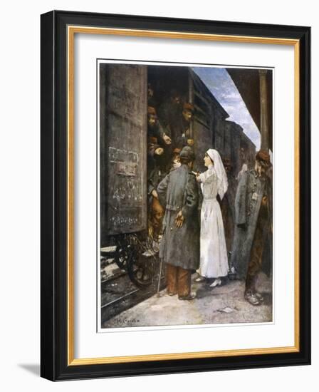 Wounded French Soldiers on an Ambulance Train are Tended by a Nurse During a Stop at a Station-Henri Gervex-Framed Art Print