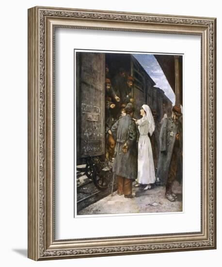 Wounded French Soldiers on an Ambulance Train are Tended by a Nurse During a Stop at a Station-Henri Gervex-Framed Art Print