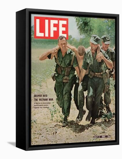 Wounded US Marine Helped to Safety by his Buddies During Fight with Viet Cong, July 2, 1965-Bill Eppridge-Framed Premier Image Canvas
