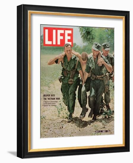 Wounded US Marine Helped to Safety by his Buddies During Fight with Viet Cong, July 2, 1965-Bill Eppridge-Framed Photographic Print