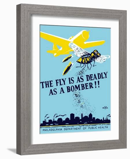 Wpa Propaganda Poster of a Bomber Plane and a Fly Dropping Germs-null-Framed Art Print