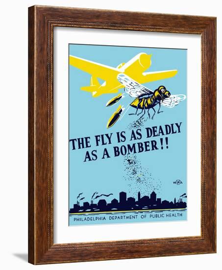 Wpa Propaganda Poster of a Bomber Plane and a Fly Dropping Germs-null-Framed Art Print