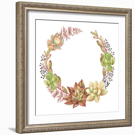 Wreath of Succulents and Kalanchoe, Vector Watercolor Illustration.-Nikiparonak-Framed Art Print