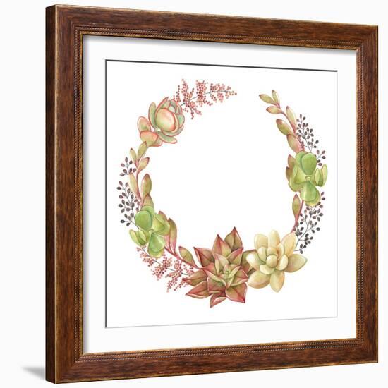 Wreath of Succulents and Kalanchoe, Vector Watercolor Illustration.-Nikiparonak-Framed Art Print