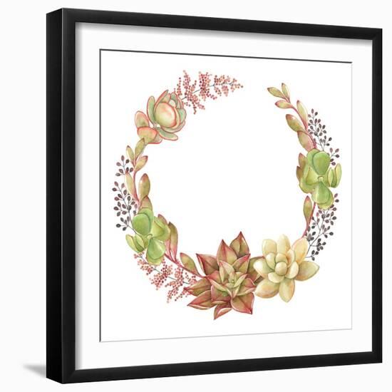 Wreath of Succulents and Kalanchoe, Vector Watercolor Illustration.-Nikiparonak-Framed Art Print