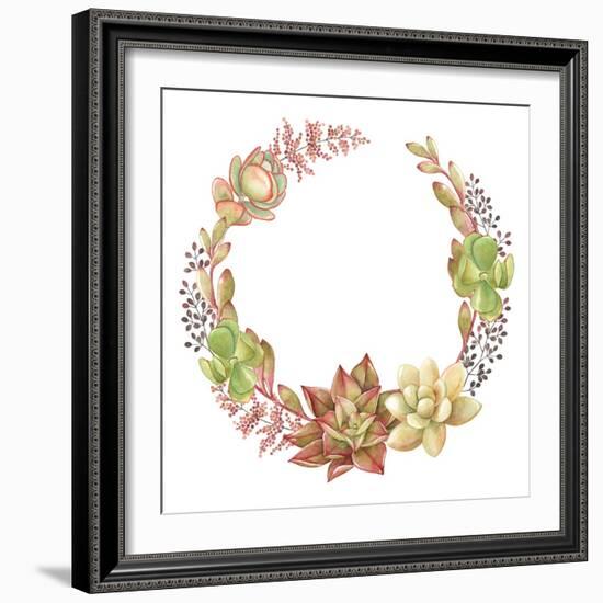 Wreath of Succulents and Kalanchoe, Vector Watercolor Illustration.-Nikiparonak-Framed Art Print