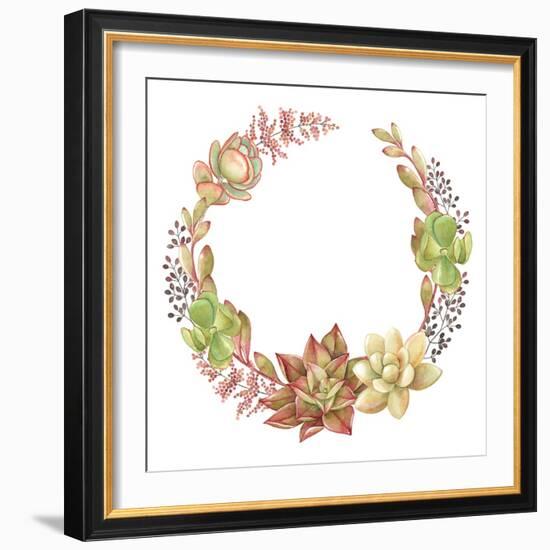 Wreath of Succulents and Kalanchoe, Vector Watercolor Illustration.-Nikiparonak-Framed Art Print