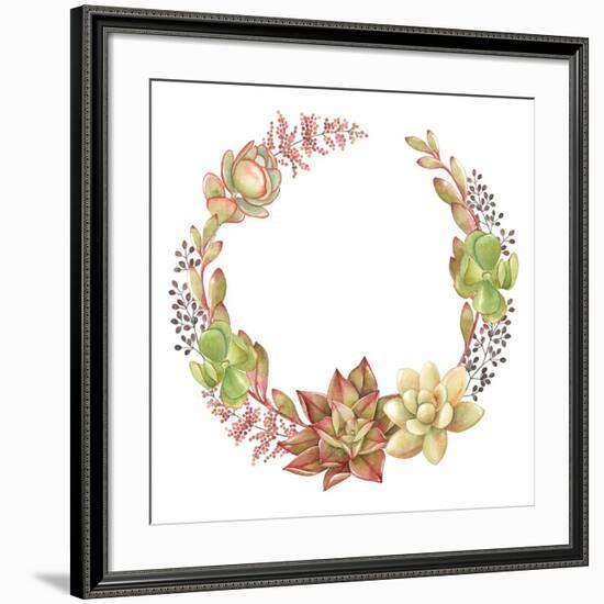 Wreath of Succulents and Kalanchoe, Vector Watercolor Illustration.-Nikiparonak-Framed Art Print