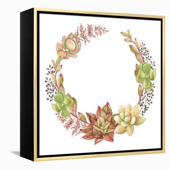 Wreath of Succulents and Kalanchoe, Vector Watercolor Illustration.-Nikiparonak-Framed Stretched Canvas