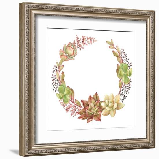 Wreath of Succulents and Kalanchoe, Vector Watercolor Illustration.-Nikiparonak-Framed Art Print