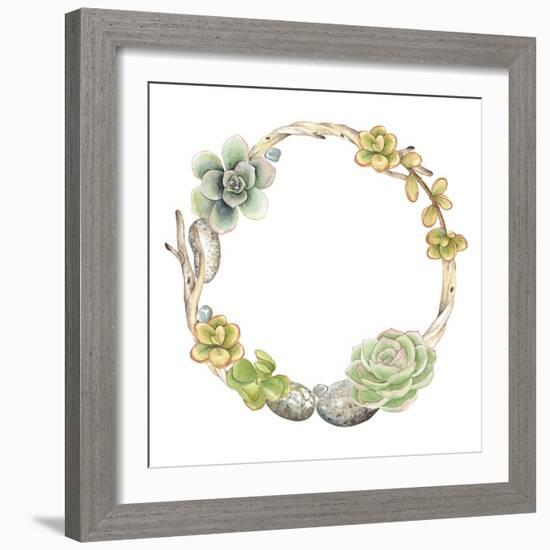 Wreath of Succulents, Twigs and Stones, Vector Watercolor Illustration in Vintage Style.-Nikiparonak-Framed Art Print
