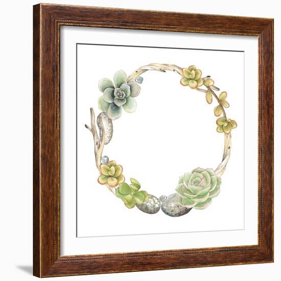 Wreath of Succulents, Twigs and Stones, Vector Watercolor Illustration in Vintage Style.-Nikiparonak-Framed Art Print