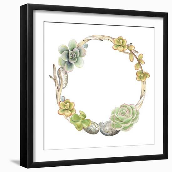 Wreath of Succulents, Twigs and Stones, Vector Watercolor Illustration in Vintage Style.-Nikiparonak-Framed Art Print