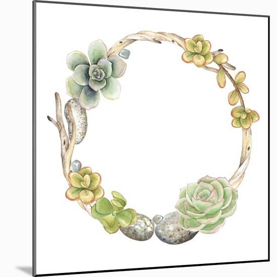 Wreath of Succulents, Twigs and Stones, Vector Watercolor Illustration in Vintage Style.-Nikiparonak-Mounted Art Print