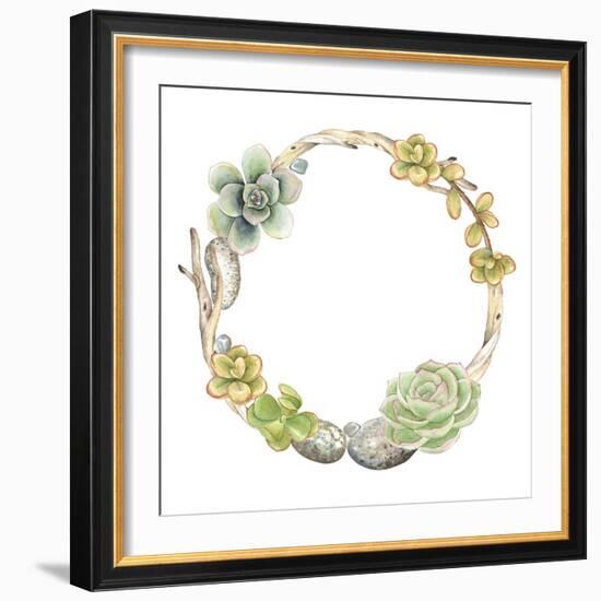 Wreath of Succulents, Twigs and Stones, Vector Watercolor Illustration in Vintage Style.-Nikiparonak-Framed Art Print