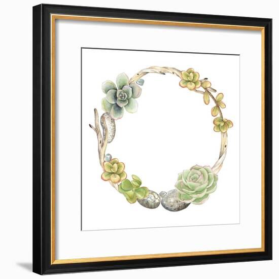 Wreath of Succulents, Twigs and Stones, Vector Watercolor Illustration in Vintage Style.-Nikiparonak-Framed Premium Giclee Print