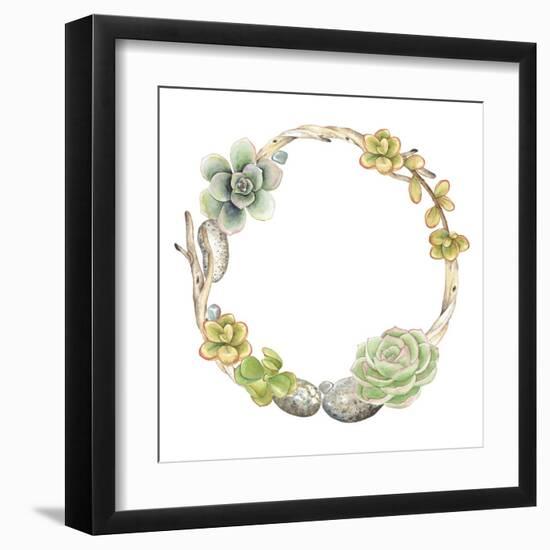 Wreath of Succulents, Twigs and Stones, Vector Watercolor Illustration in Vintage Style.-Nikiparonak-Framed Art Print