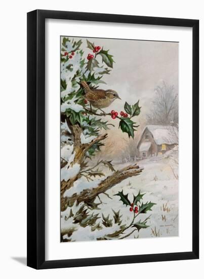 Wren in Hollybush by a cottage-Carl Donner-Framed Giclee Print