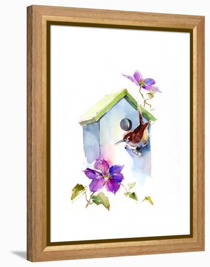 Wren with Birdhouse and Clematis, 2016-John Keeling-Framed Premier Image Canvas