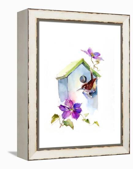 Wren with Birdhouse and Clematis, 2016-John Keeling-Framed Premier Image Canvas