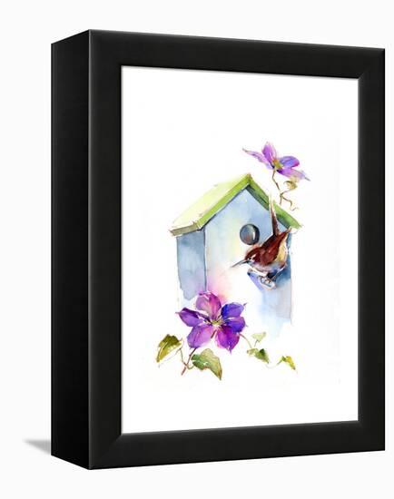 Wren with Birdhouse and Clematis, 2016-John Keeling-Framed Premier Image Canvas